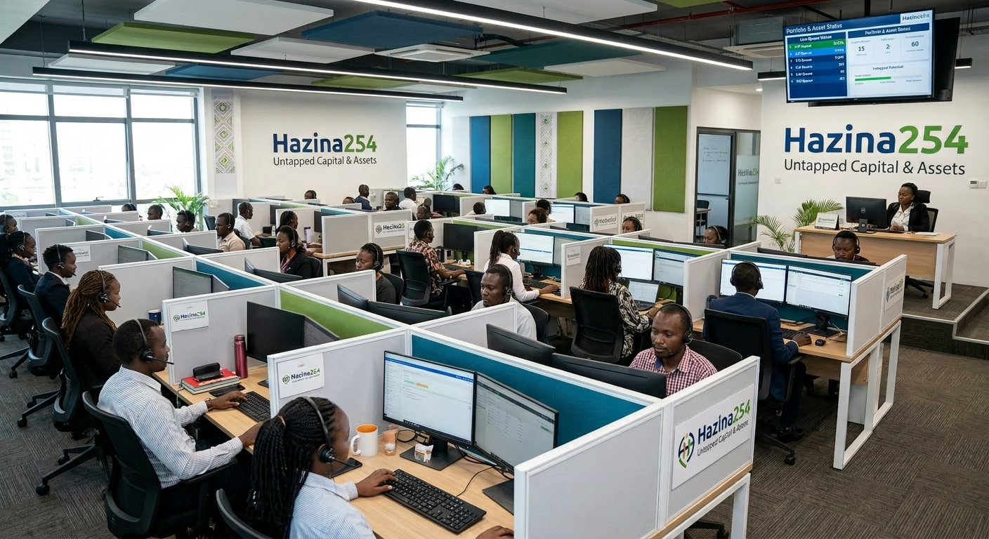 Call center agents seated in cubicles working on computers wearing headsets in Hazina254 office